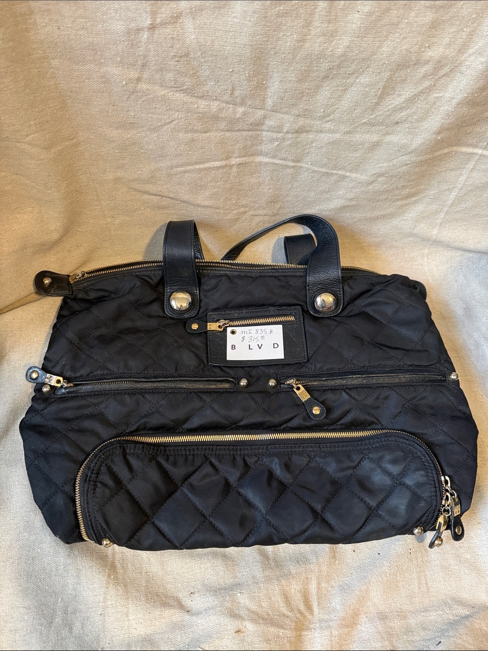BLVD Black Quilted Tote with Front Zip Compartments